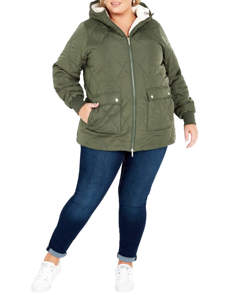 Front of a model wearing a size 18 PUFFER CHLOE in Olive Green by Evans. | dia_product_style_image_id:322793